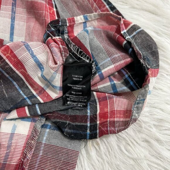 Affliction Pearl Snap Embroidered Red Plaid Western Shirt Elbow Patch Women’s L - Picture 10 of 11